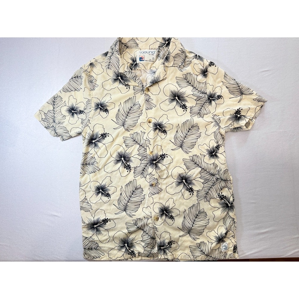 Laguna Est 1946 Hawaiian Shirt Mens M Rayon Hibiscus Floral Camp Cream Black